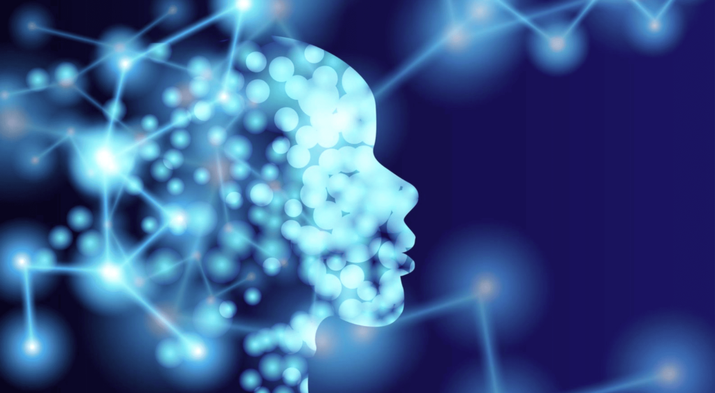 Profil de tête stylisé relié par des connexions lumineuses, illustrant la PNL, les schémas de pensée et la transformation mentale.