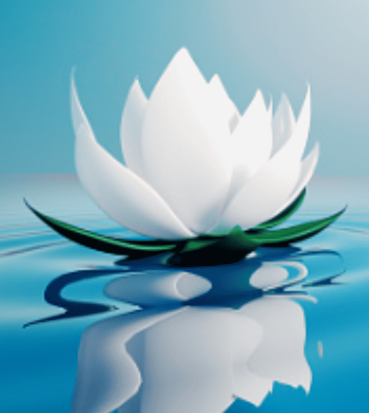 Lotus blanc sur eau bleue apaisante, symbole de relaxation, sophrologie et équilibre émotionnel